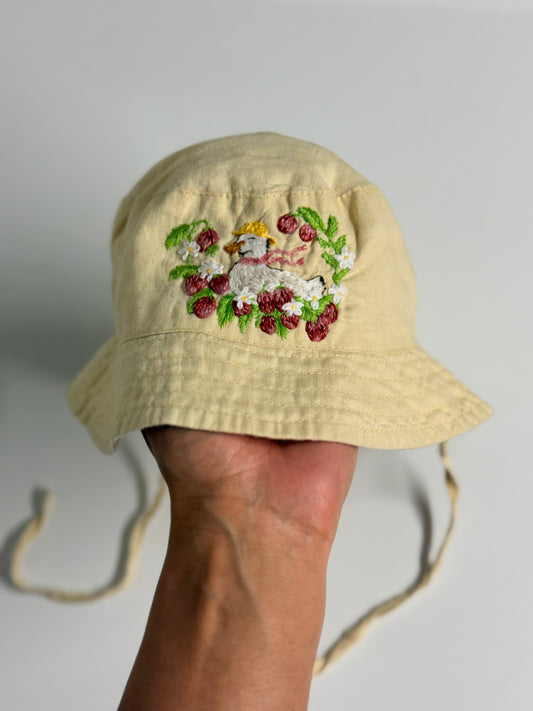 Hand Embroidered Linen Toddler Hat – Duck & Strawberries – 1–2 Years
