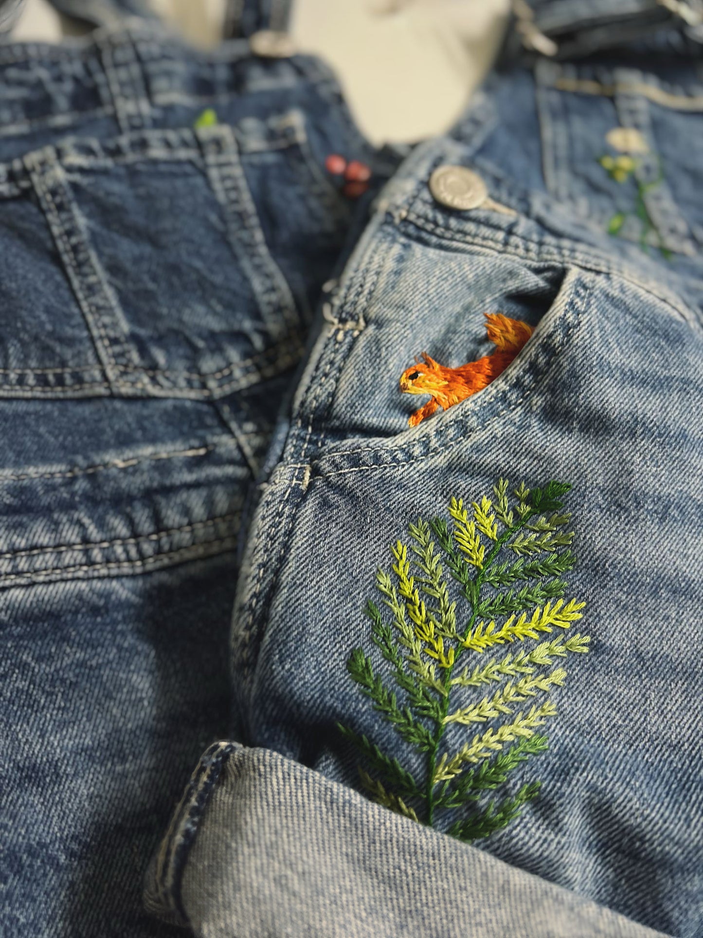 Squirrel in the Pocket | hand-embroidered denim dungarees | size 104 (3–4 years) | one of a kind