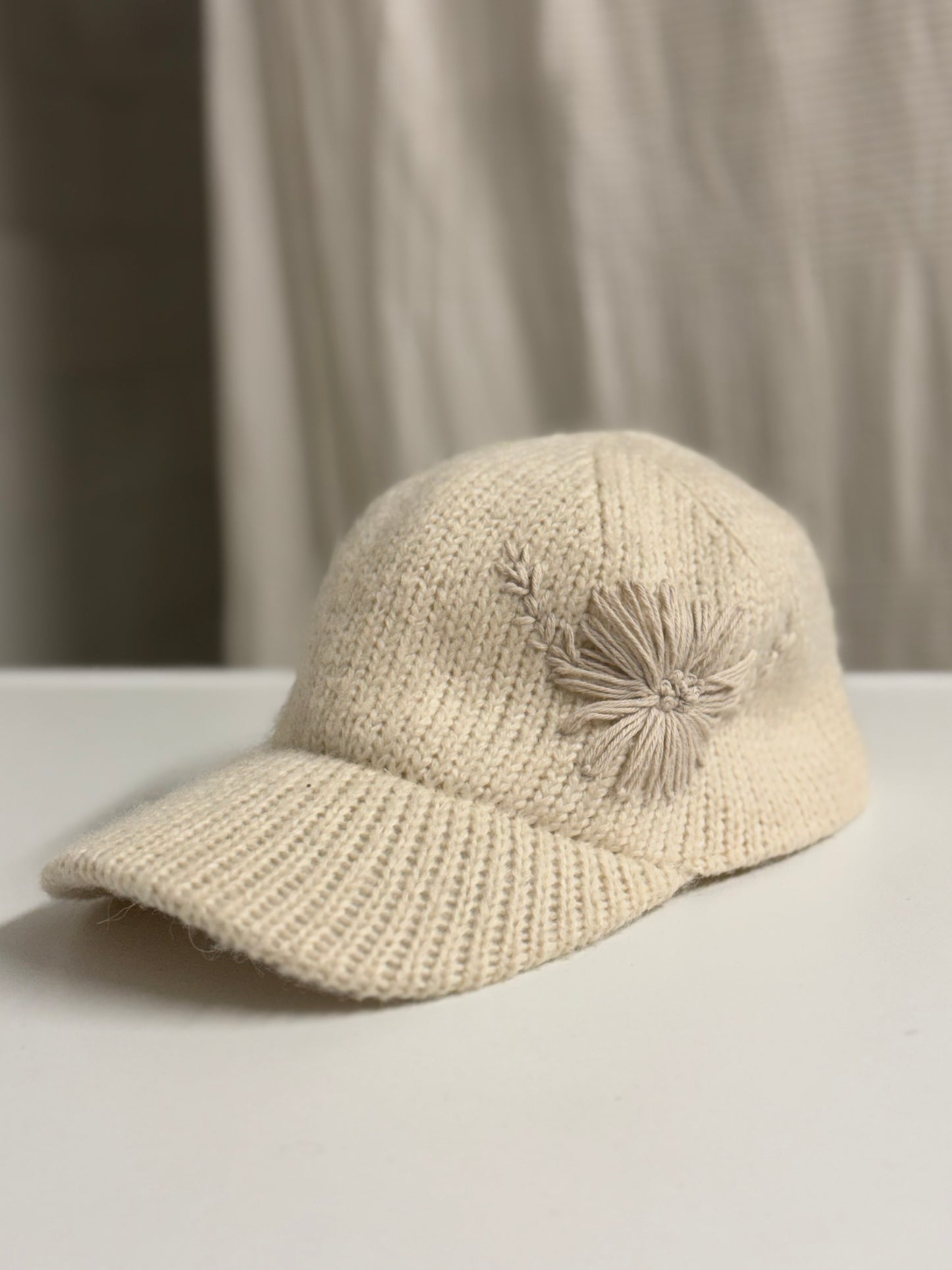 Vanilla Bloom – Hand-Embroidered Knitted Cap