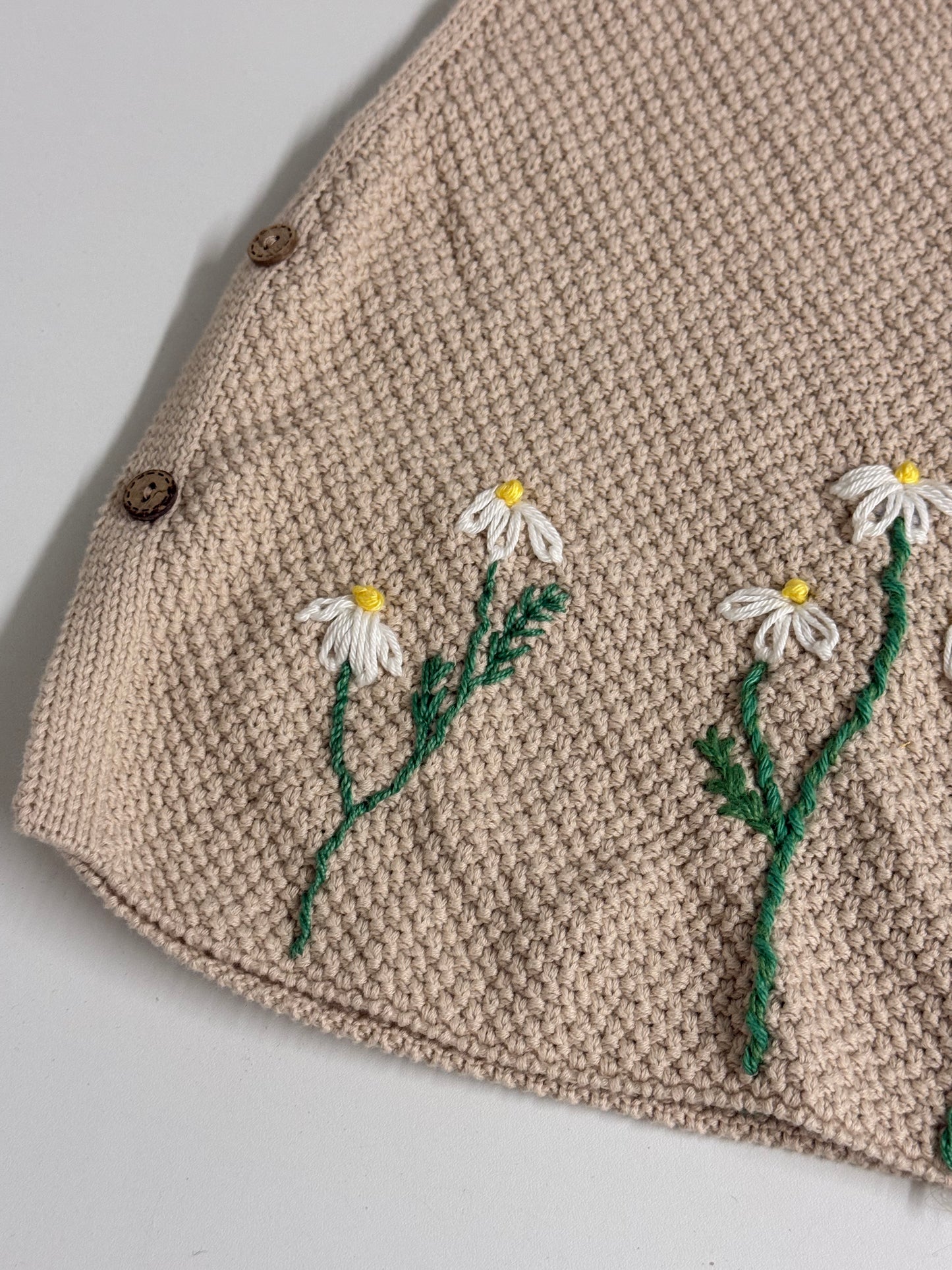 Hand-Embroidered Daisy Cotton Knit Vest – Beige – 2–3 Years | One-of-a-Kind Floral Kids Vest