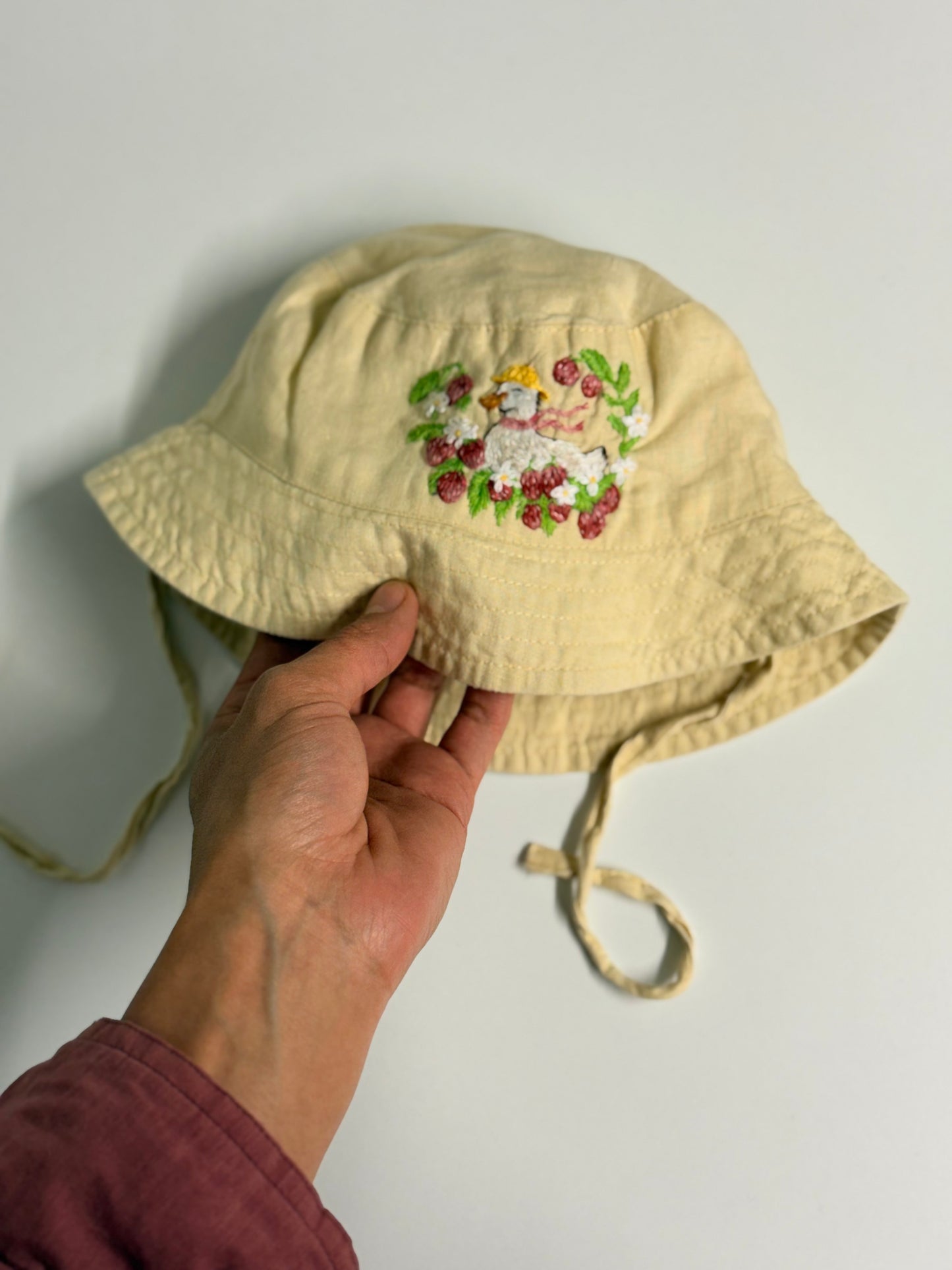 Hand Embroidered Linen Toddler Hat – Duck & Strawberries – 1–2 Years