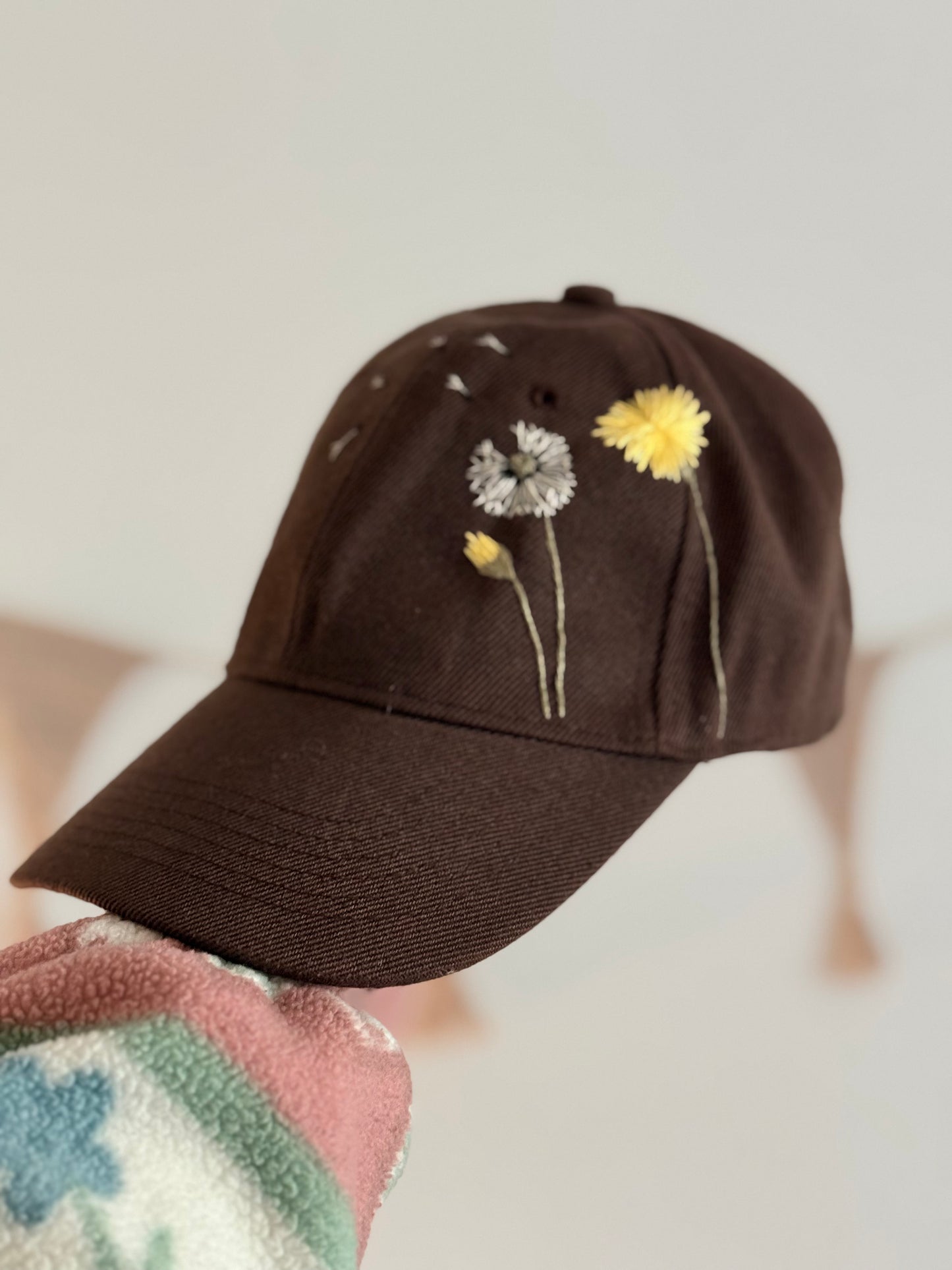 Brown Baseball Cap with Hand-Embroidered Dandelions