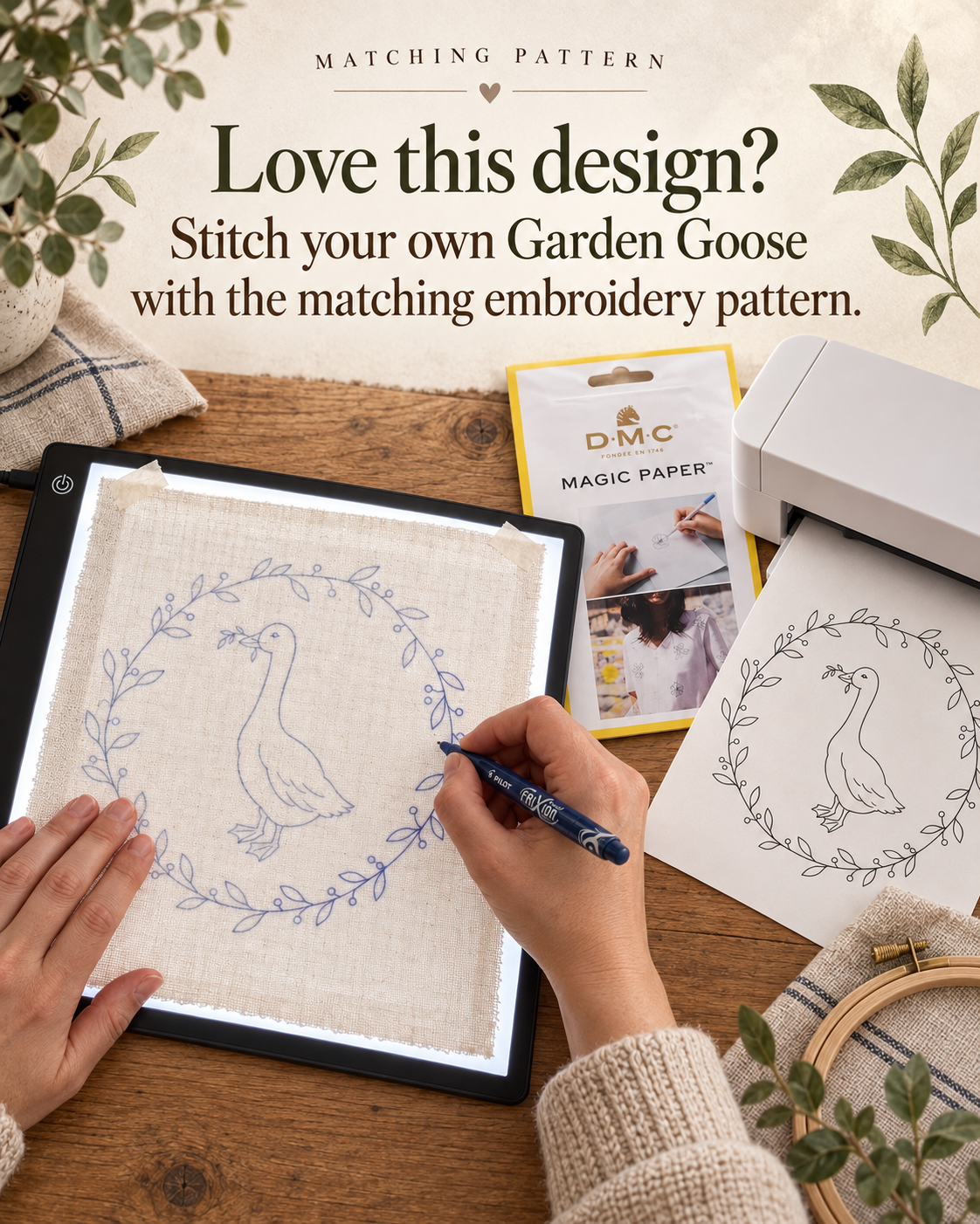 Garden Goose – Hand-Embroidered Hoop Art – 23 cm