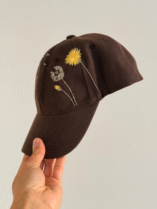 Brown Baseball Cap with Hand-Embroidered Dandelions