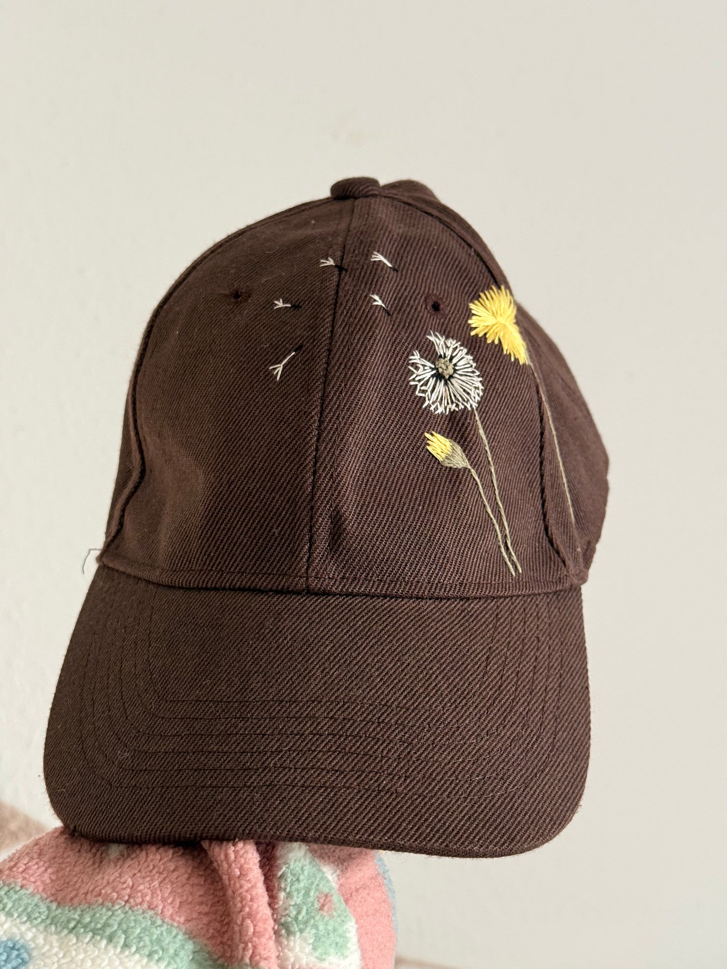 Brown Baseball Cap with Hand-Embroidered Dandelions
