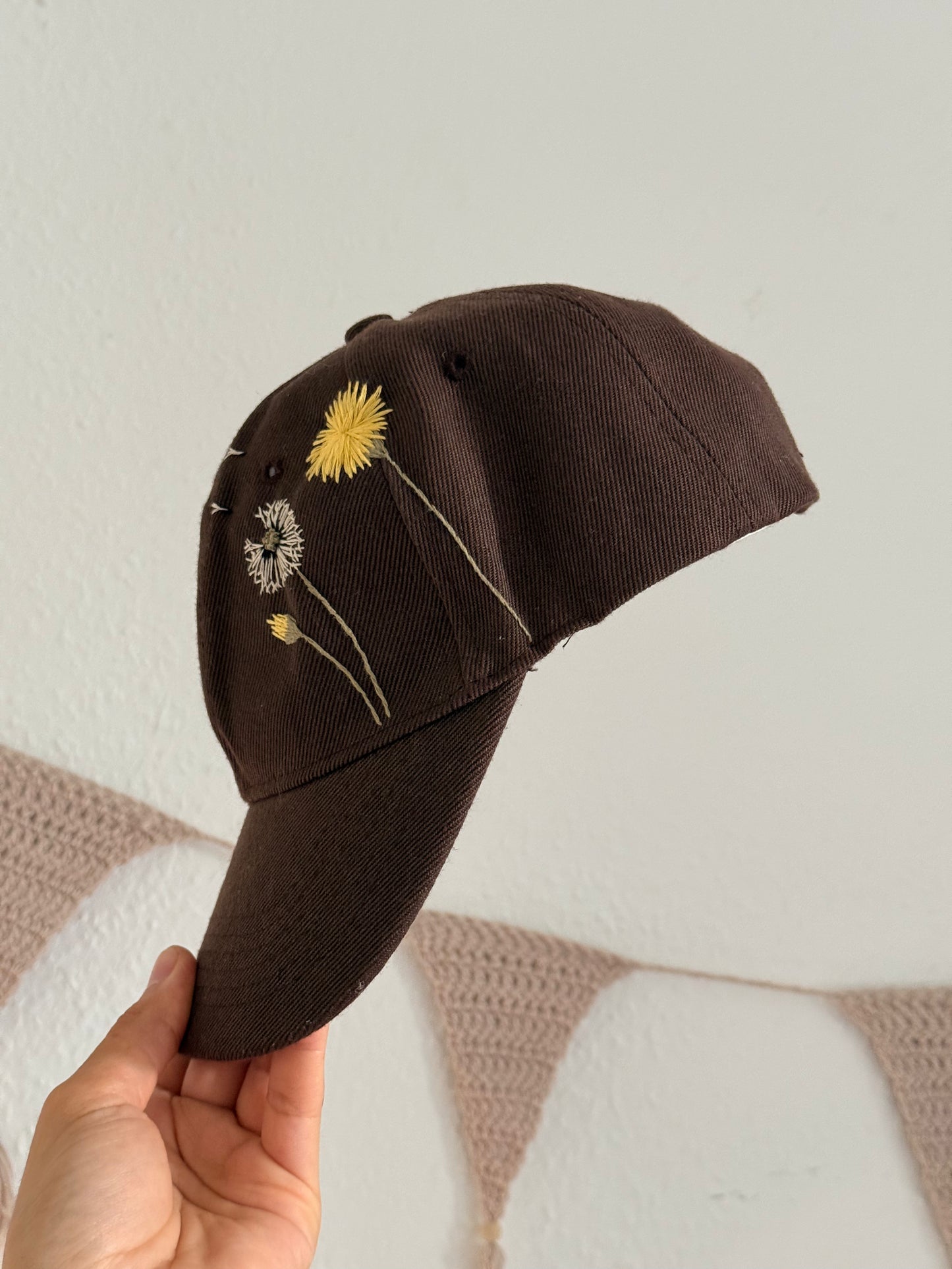 Brown Baseball Cap with Hand-Embroidered Dandelions