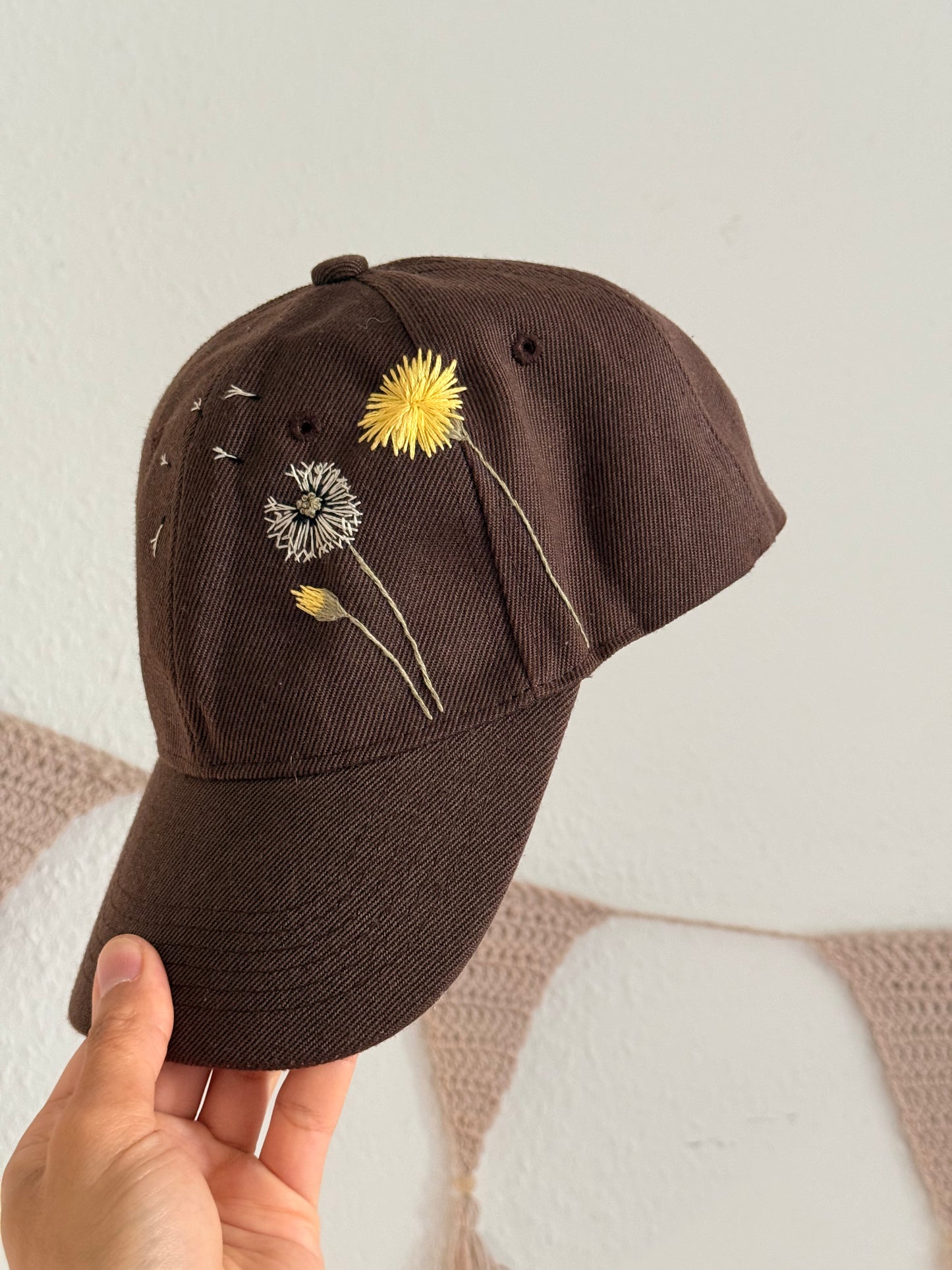 Brown Baseball Cap with Hand-Embroidered Dandelions