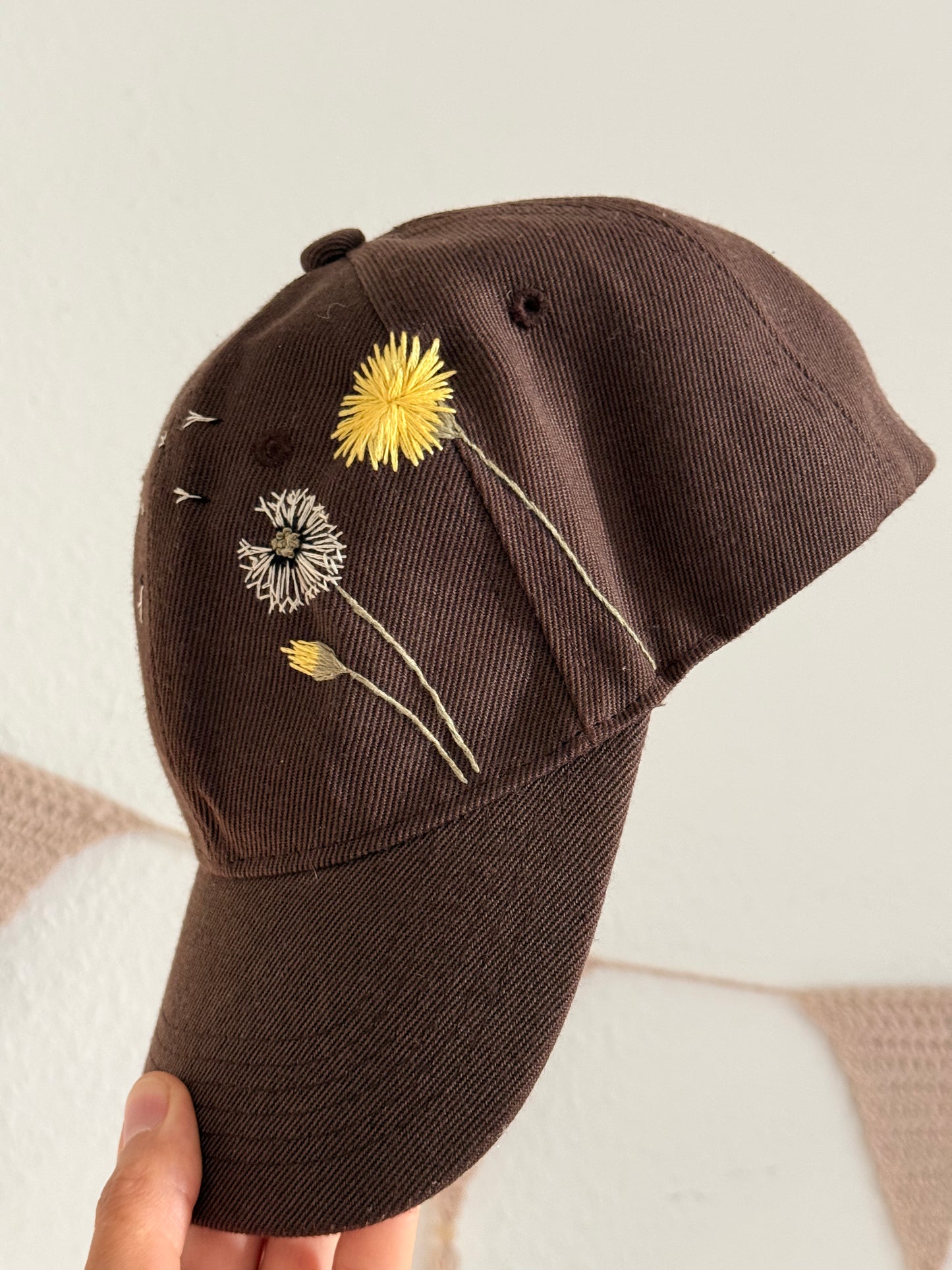 Brown Baseball Cap with Hand-Embroidered Dandelions