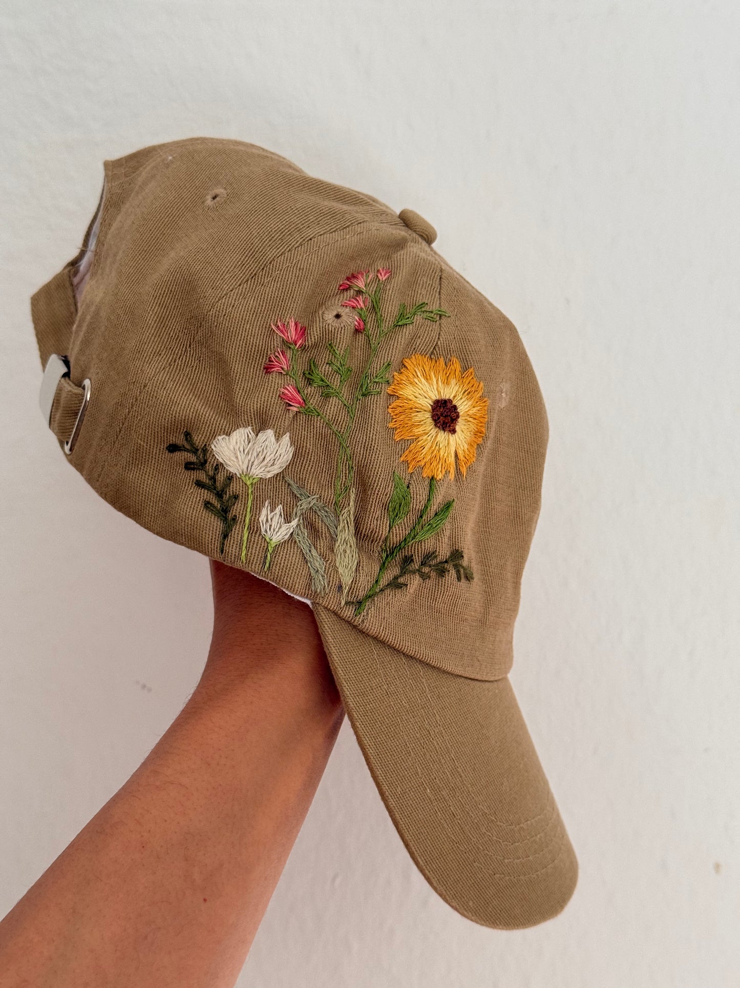 Beige Hand-Embroidered Floral Baseball Cap