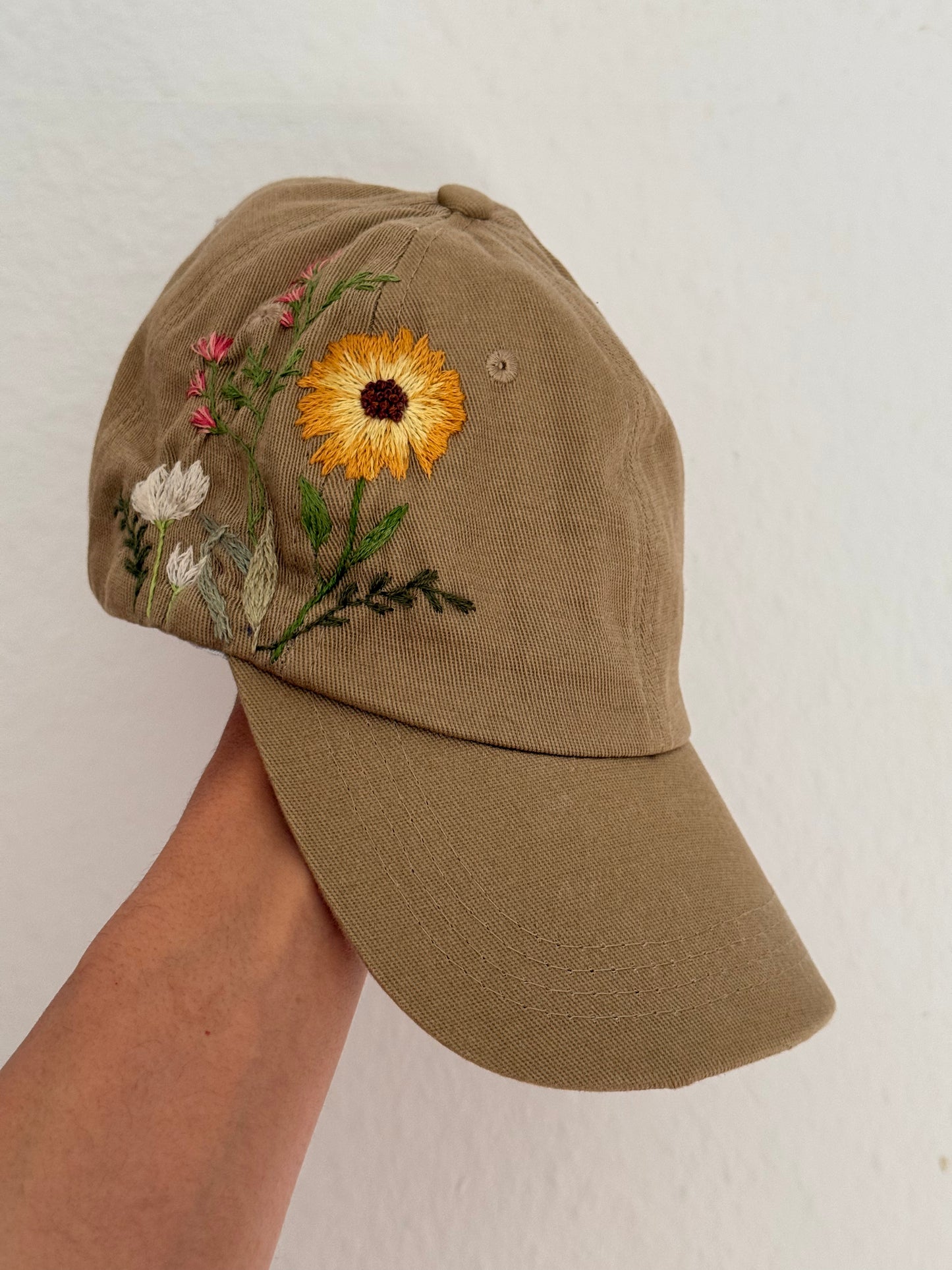 Beige Hand-Embroidered Floral Baseball Cap