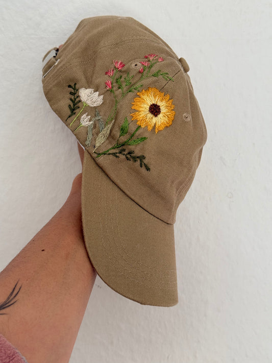 Beige Hand-Embroidered Floral Baseball Cap