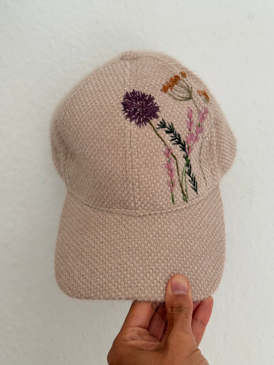 Zara Beige Hand-Embroidered Botanical Cap
