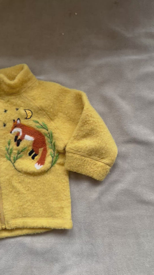 Upcycled Alana Merino Wool Baby Jacket with Handcrafted Fox – Mustard Yellow – Size 62