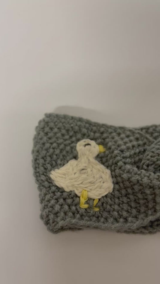 Hand-Knitted Grey Headband with Hand-Embroidered Geese